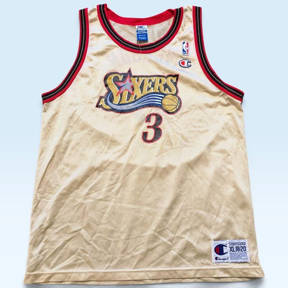 Vintage Philadelphia 76ers Jersey Youth XL 18-20 NBA Allen Iverson Champion Gold